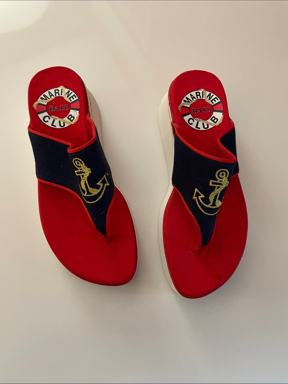 Bass Red and Navy Anchor Shalimar wedge Sandals 7.5